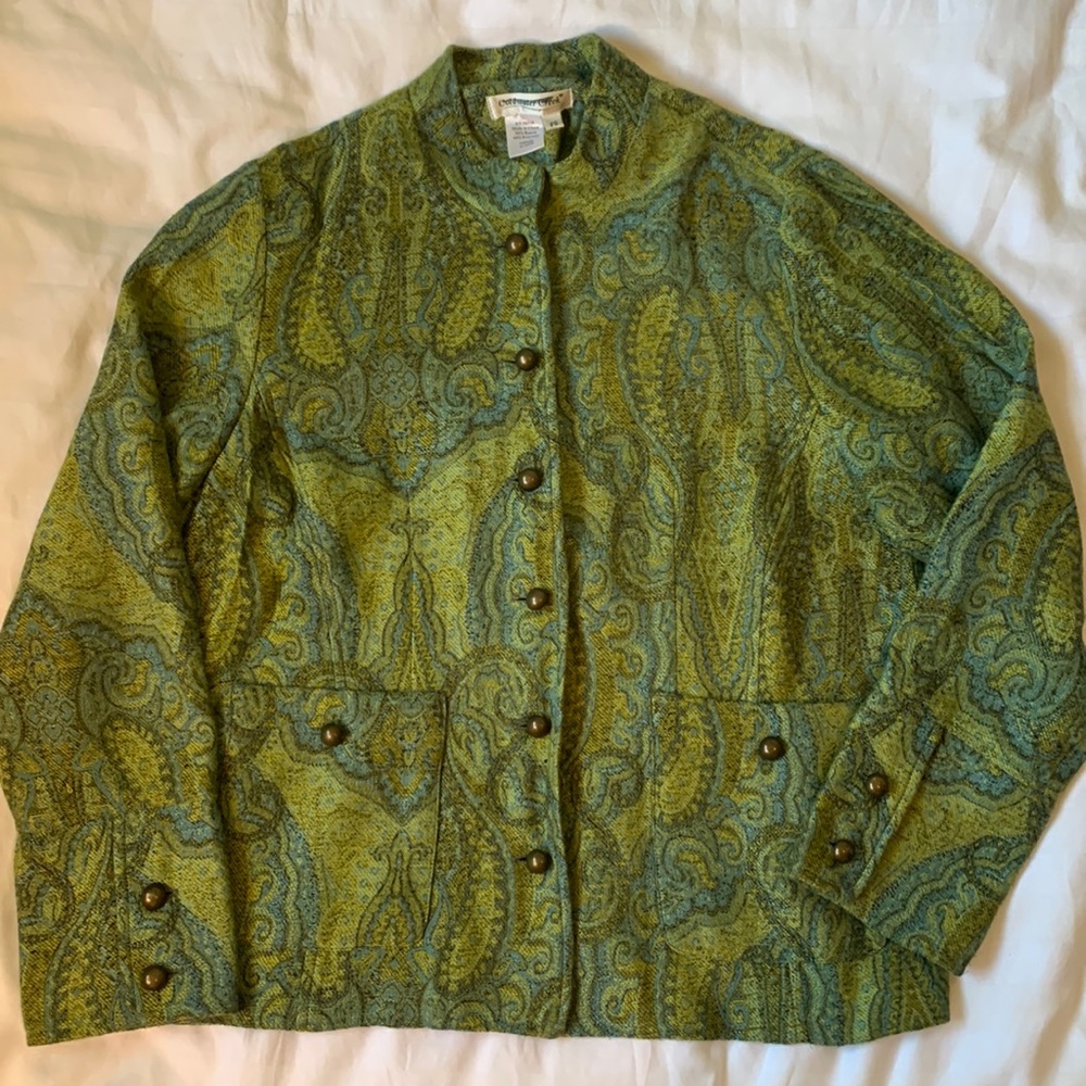 Vintage  green and blue paisley collarless jacket large metal buttons EUC